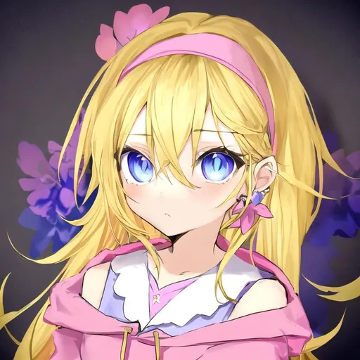 Prompt: Portrait of a cute girl with long, blonde hair and blue eyes wearing a pink hoodie, gold earrings, and pink headband surrounded by purple flowers on a yellow background 