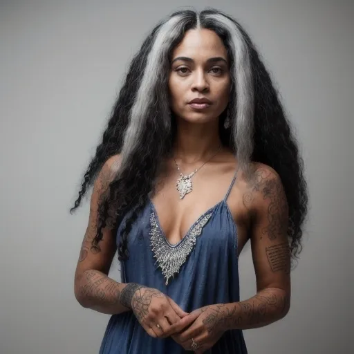 Prompt: photo realistic full body photo of black mixed race woman wearing blue loose dress, wrist tattoo, ornamental tattoos, long 3c big hair, silver highlights in hair, burgundy lips, 45 years, centered in frame, facing camera, symmetrical face, bohemian, resembles lisa bonet and minna salami, has tina kunakey's hair, ideal human, 85mm lens,f8, photography, ultra details, natural light, light background, photo, walking down the srteet