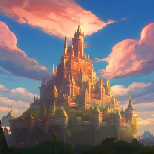 Prompt: A fantasy background. Disney animation style. Cinematic shot. A centered castle in the sky. 8K.