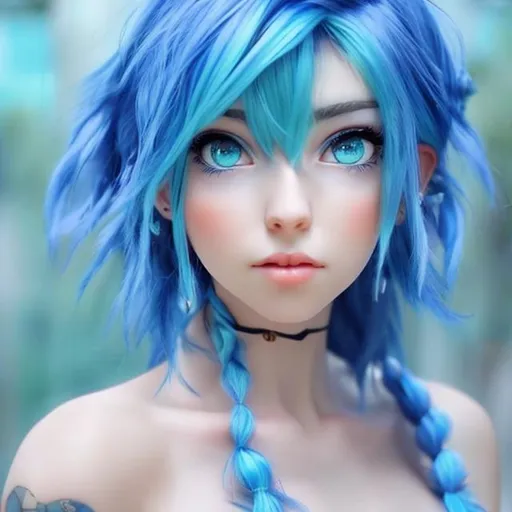 Prompt: Blue haired, semi real, anime woman