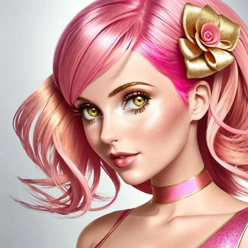 Prompt: pretty girl with pink hair, with pink and gold color scheme,  futuristic fashion

