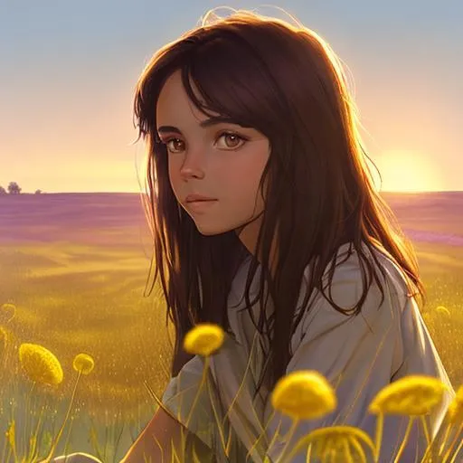 Prompt: A portrait of a sun kissed girl with dark brown hair sitting in a sun lit field of heather surrounded by floating dandelions