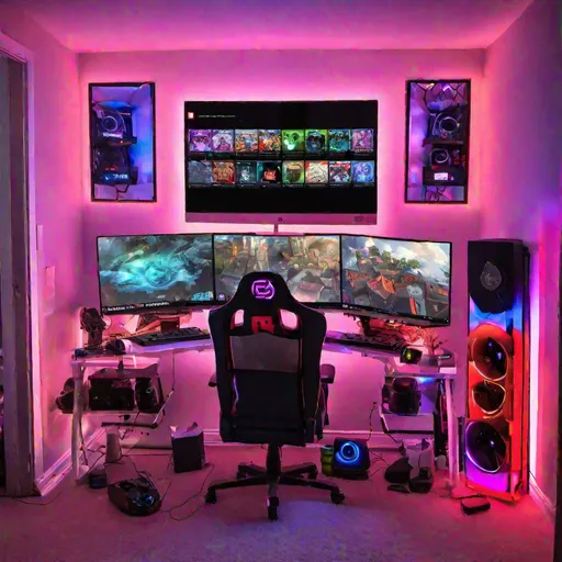 Prompt: 1 billion dollar YouTube gaming computer setup with RGB lights 
Owner is Naruto fan