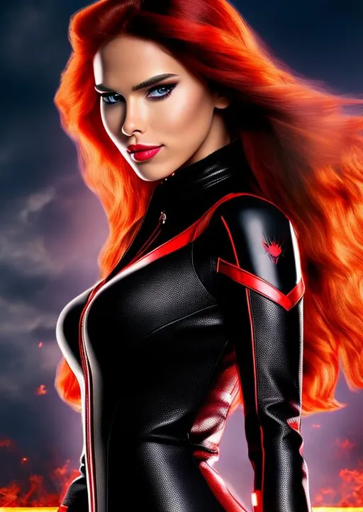 Prompt: High-resolution hyperrealistic photo of black-widow natalia romanova merged with spider-woman jessica drew, black and red costume, uhd, hdr, 64k