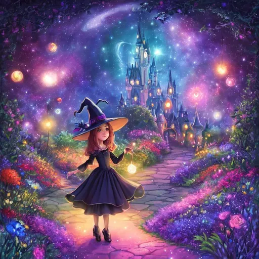 Prompt: cute witch, in a sparkling enchanted garden filled with colorful flowers at night, highres, award winning illustration, extremely detailed, painting, colorful, cute, dreamy, fantasy, sci-fi, space, stars, clouds, moons, galaxy, planets, realistic, Disney, Pixar 
