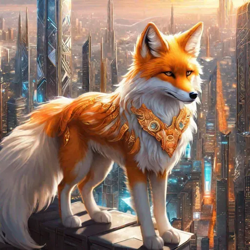 Prompt: (masterpiece, 2D, hyper detailed, epic digital art, professional illustration, fine colored pencil), Adolescent runt ((kitsune)), (canine quadruped), nine-tailed fox, dreamy amber eyes, fuzzy {white-gold} pelt, (golden necklace with brilliant orange gemstone), pointy brown ears, in a large futuristic city, skyscrapers tower above her, the city lights up against twilight, by Anne Stokes, possesses ice, timid, curious, cautious, nervous, alert, expressive bashful gaze, slender, scrawny, fluffy gold mane, {frost} on face, extremely beautiful, dynamic perspective, frost on fur, fur is frosted, sparkling ice crystals in sky, sparkling ice crystals on fur, fluffy fox ears, sparkling rain falling, dreamy, melodic, highly detailed character, petite body, large ears, full body focus, perfect composition, trending art, 64K, 3D, illustration, professional, studio quality, UHD, HDR, vibrant colors