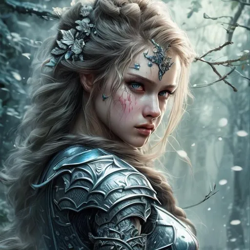 Prompt: Extraordinary detailed, extremely sharp, high reflections, cinematic, ultra realistic, knight, blossom forest, masterpiece, light background, detailed face, detailed body, long hair, focus eyes, detailed eyes, centered, wavy blonde hair.