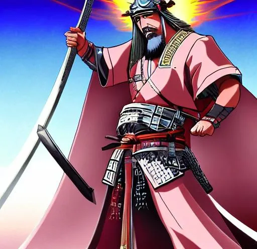 Prompt: Anime war scene graphic High detail Samurai warrior crusaders with Jesus Christ as depicted in the book of  revaltion coming out of heaven gathering his chosen to ride against the enemy Satan and his fallen cyberpunk ninjas