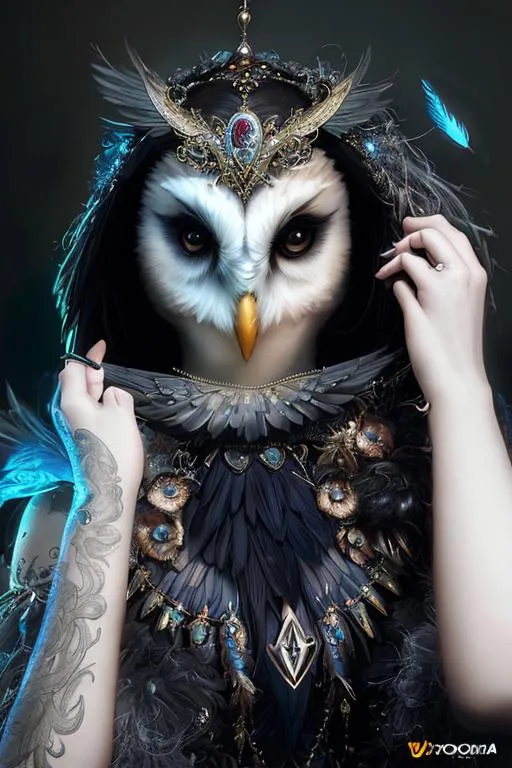 Prompt: photo of a Beautiful anthropomorphic Bird Woman Hybrid, owl woman, 16 k, ultra realistic, Octane render, volumetric lighting, shadow effect, insanely detailed and intricate, photorealistic, highly detailed, artstation by tom Bagshaw, WLOP, by artgerm