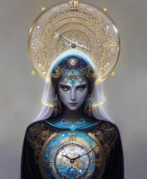 Prompt: A time clock beautiful goddess. She controls the time. Clocks parts all over her body. Opalescent skin. Intricate metallic details. Fractal clocks. An art deco background. Art by Tom Bagshaw, Karol bak, catrin Welz-Stein, Josephine wall, Sherry Akrami, artgerm, Alex Alemany. Best quality, cinematic smooth, highly detailed, beautifully lit. A beautiful 