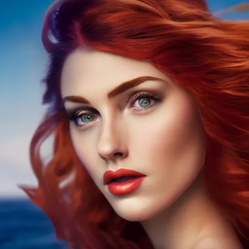 Prompt: a beautiful mermaid with pale skin and orange hair  and lips, 4k,  facial closeup




