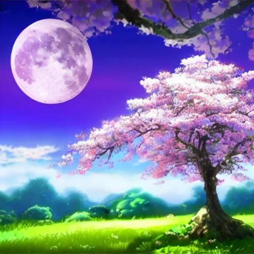 Prompt: Beautiful fantasy landscape and a big beautiful sakura tree and a anime moon
