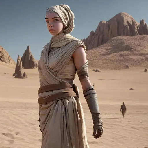 Prompt: anya taylor-joy, bandaged eye, detailed face, hijab, turban, muscular, large, stocky, tall, military, robot arm, desert armor, rey starwars, bandaged arms, tan poncho, desert, mountain, scifi, futuristic