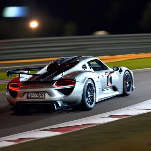 Prompt: Porsche 918 taking a corner at the nurbergring  at night