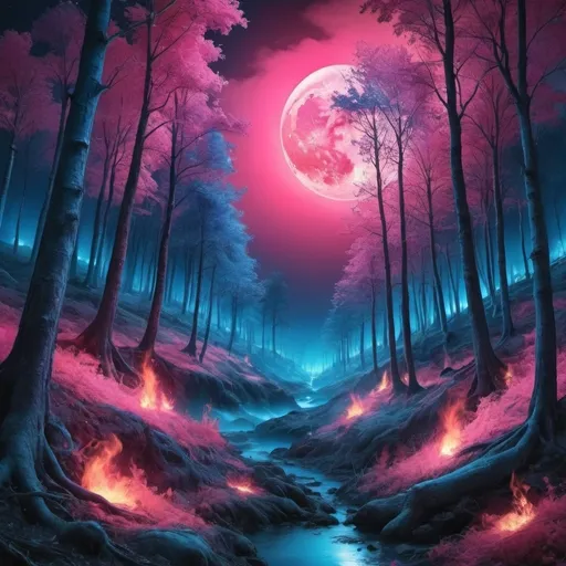 Prompt: Fantasy forest of blue and pink, on fire, night, full moon