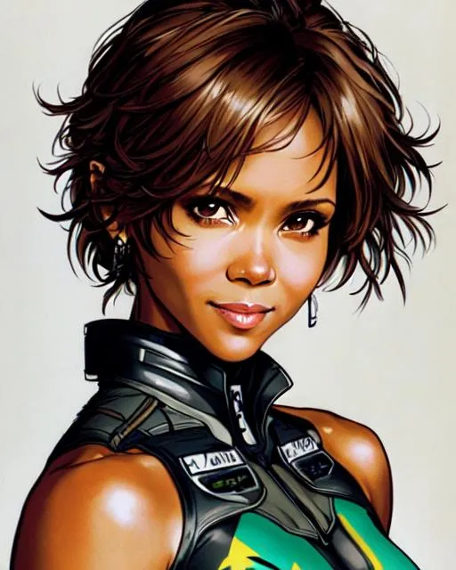 Prompt: (((Yoji Shinkawa))), sticker of ultra detailed portrait of Halle Maria Berry in CatSuit Armor, smile high quality cell shaded illustration in post apocalyptic style by Yoji Shinkawa,(((dynamic pose))), (full body), high quality, perfect anatomy, centered, freedom, soul, approach to perfection, cell shading, 8k, 4k , cinematic dramatic atmosphere, watercolor painting, global illumination, detailed and intricate environment, artstation, concept art, fluid and sharp focus, volumetric lighting, cinematic lighting, Art by Yoji Shinkawa,
