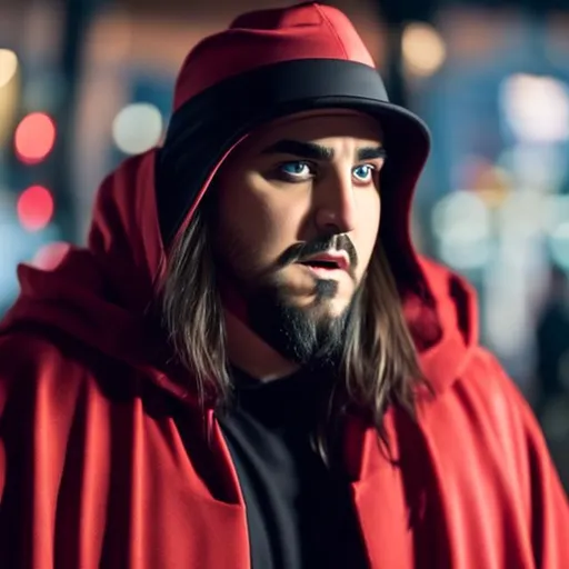 Prompt: Silent Bob as a vampire, hoodie, red eyes, overcoat, beanie, long hair, HD, Perfect Eyes, Perfect face, 