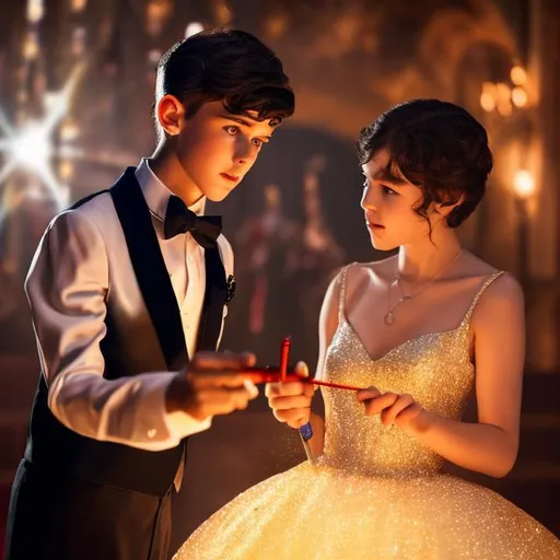Prompt: Boy in a tuxedo casting a magic spell with his magic wand shaped like a stick about 6 inches long and standing next to his girlfriend who is in a big red puffy sparkly ball gown at prom