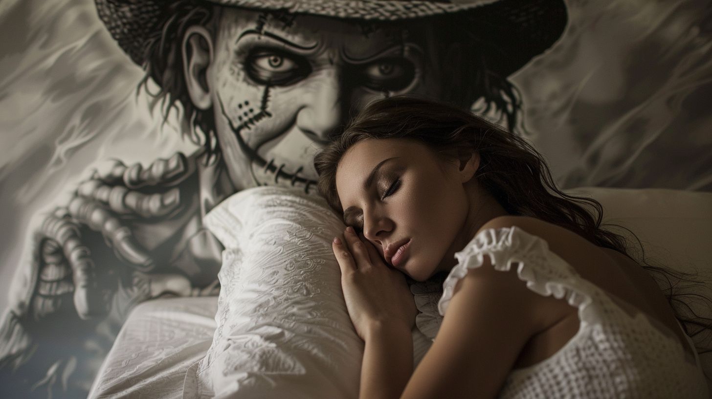 Prompt: girl sleeping in bed, freddy kruger comming through the white wall made of white sheet behind the bed