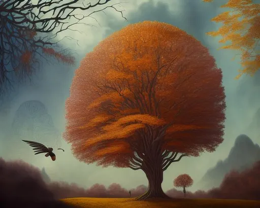 Prompt: ART DECO AUTUMN TREES, falling leaves, birds, hills, wind, clouds, castle, AURIKA PILIPONIENE IRA KENNEDY MARCI MCDONALD HOLAKANOLA MARIA SERAFINA DEBBIE CRISWELL victo ngai henri rousseau vladimir kush Arief Putra Anita Inverarity Alenka Sottler Itzchak Tarkay remedios varo