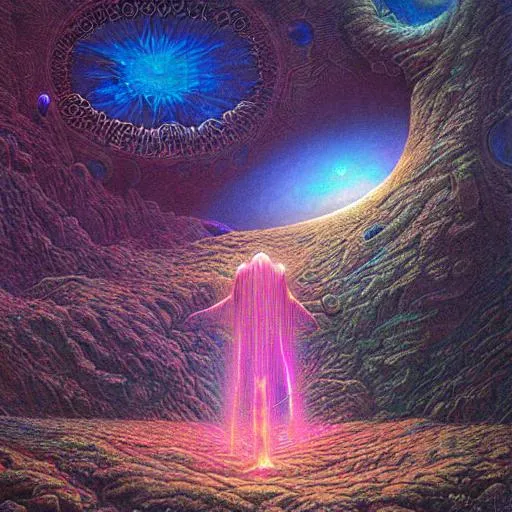Prompt: Cosmic holographic astral cosmic illustration mixed media by Dan Mumford Greg Rutkowski Zdzisław Beksiński detailed dramatic atmospheric maximalist digital matte painting galactic space