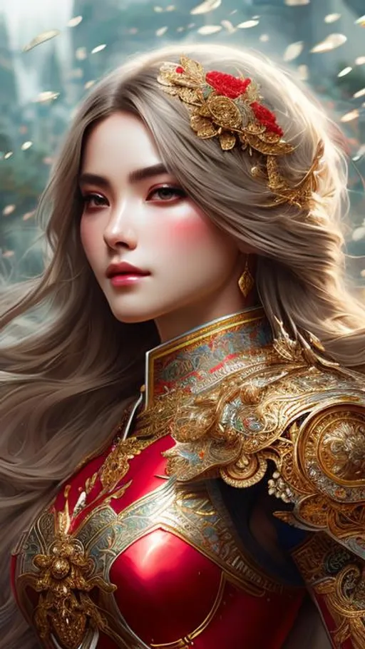 Prompt: hyper detailed painting by wlop, Insanely detailed full body of beautiful goddess knight wearing red armor, intricate face, beautiful long hair, rule of third of beautiful landscape ultra HD 4k 10 bit depth