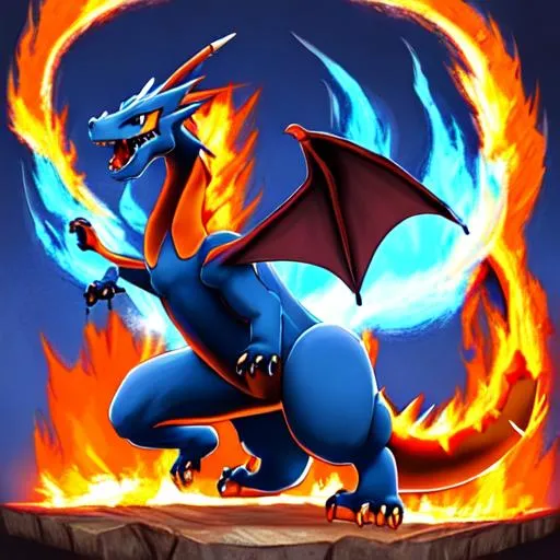 Prompt: Charizard blue, Pokémon, evolved, powerful, fire tornado, burning tail, dragon, roaring, burning forest