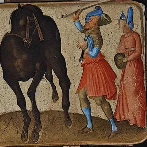 Prompt: a Medieval painter painting a horse with trepidation by using punched holes to strictly capture the outline of the horse