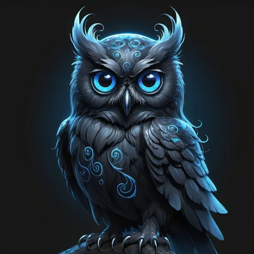 Prompt: transparent ghostly black owl, two blue kind eyes, blue ghostly swirls all around , masterpiece, Character Design art. Concept Art. Digital Art. 4k HD. Trending on artstation. 