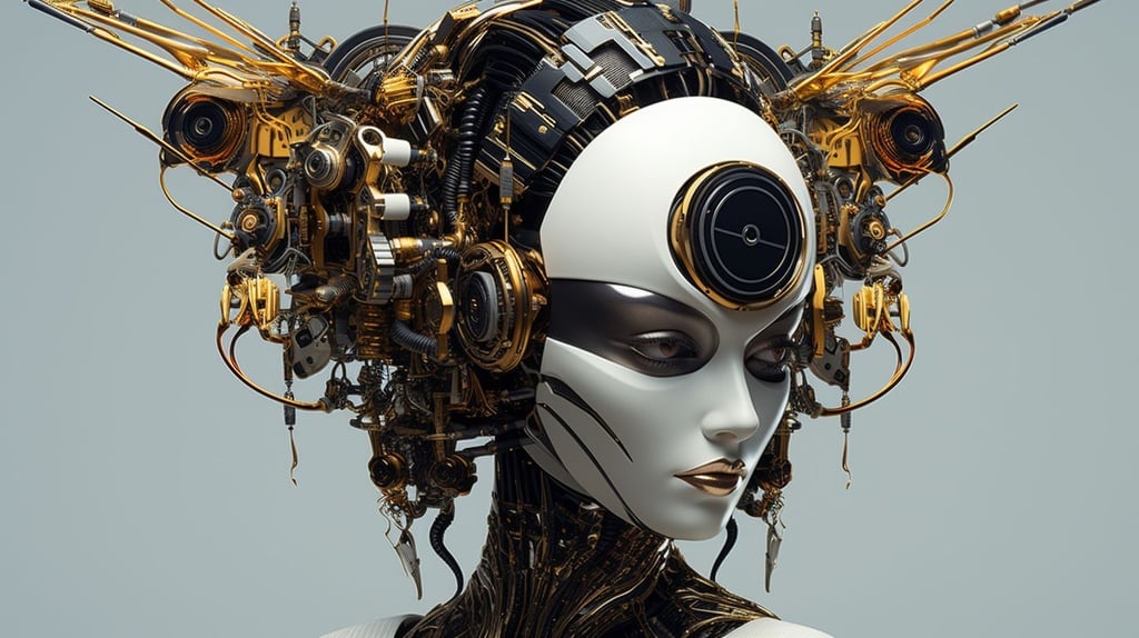 Prompt: 3d rendering of a technological woman jdlg, in the style of dark and intricate, made of insects, close-up intensity, asaf hanuka, intel core, gray and gold, les automatistes