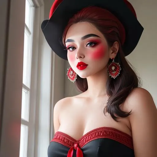 Prompt: a pretty girl wearing a red hat, wearing beautiful makeup, smokey eyeshadow, rosy cheeks and red lipstick