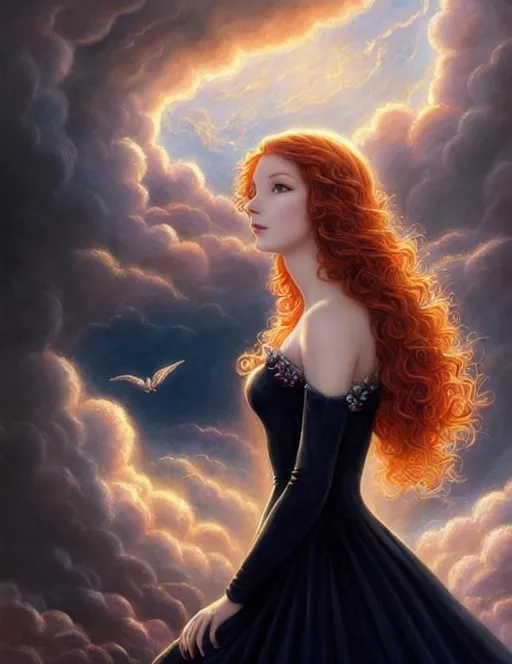 Prompt: The redhead in the black dress lives in the Kingdom of Clouds, Nicoletta Ceccoli, Josephine Wall, Jean Baptiste Monge, Remedios Varo, Lucie Bilodeau, Bruce Rolff, Arthur Doet,Henri Rousseau, highly detailed, sharp focus, elegant fantasy, ethereal, very attractive, beautiful, dynamic lighting, imperial colors, fantastic view,  Epic, misty,  fine detailed face drawing