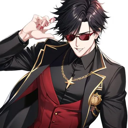 Prompt: Damien (male, short black hair, sharp and sassy red eyes), highly detailed face, 8K, Insane detail, best quality, UHD, handsome, flirty, muscular, Highly detailed, insane detail, high quality. black sunglasses resting on his head, gold jewelry, movie star, hollywood, he has a pentagram tattoo on his arm,,