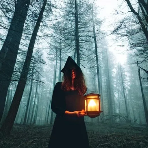 Prompt: Evil witch holding a lantern, dark forest, horror, dark night sky, fog, High quality, photo realistic 