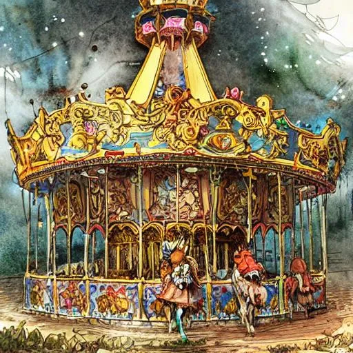 Prompt:  "a beautiful abandoned fantasy carousel , by Jean-Baptiste Monge and James Gurney, watercolor and ink, intricate details, fantasy, beautiful, award winning, colorful, fantastic view, crisp quality"