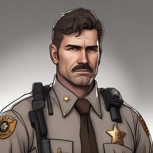 Prompt: A male sheriff with short brown hair with grey streaks and dark stubble