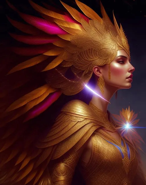 Prompt: Portrait of A beautiful harpia woman, wearing warrior Intricate legendary Golden armor, beautiful redish gradient iridescent feathers, sharp focus, intricate, majestic, highly detailed, elaborate, cinematic, digital art, lens flare, octane render, fantasy,  in the style of Peter mohrbacher, tom bagshaw, david palumbo, Jacek yerka, Robert Oxley, android Jones, Georgia O'Keeffe, Anato Finnstark