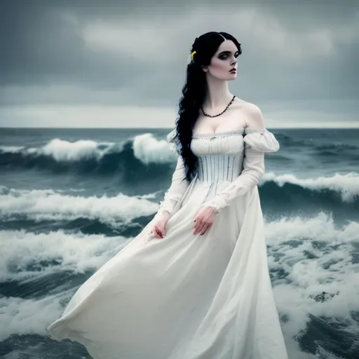 Prompt: victorian gothic woman with black hair pale skin in a white gown standing near the blue ocean waves