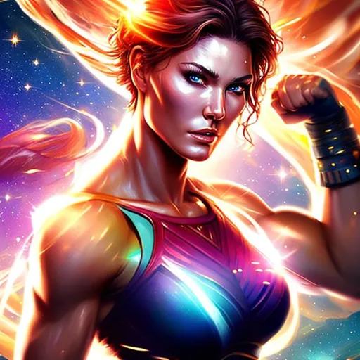 Prompt: photorealistic, beautiful muscled warrior woman, tall, perfectly formed body, beautiful face, short hair, ideal proportions, full body, battling across the universe, fist fighting, stars beneath the skin, epic, exotic energy