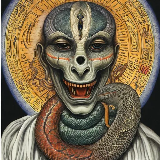 Prompt: Kundalini serpent comming from a mans mouth, 3rd eye opened on the forehead