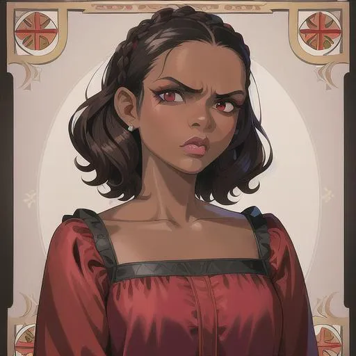 Prompt: (masterpiece, illustration, best quality:1.2), brown skin, angry face, detailed eyes, medieval style, pixie hairstyle, black hair, red eyes, wearing poor style white nightgown, best quality face, best quality, best quality skin, best quality eyes, best quality lips, ultra-detailed eyes, ultra-detailed hair, ultra-detailed, illustration, colorful, soft glow, 1 girl