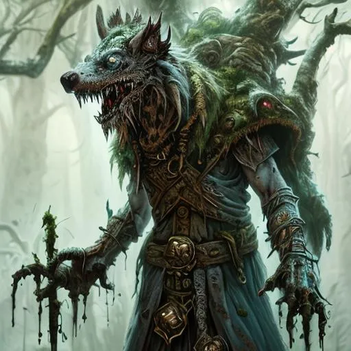 Prompt: lich, druid, undead, magic stitched, gnoll, bark paper, praise, faith, false god, iconography, white moss,  fungi, rotting, moss, digitigrade, standing, D&D, fantasy, cinematic lighting, highly detailed, digital painting, artstation, concept art, smooth, sharp focus, illustration, volumetric lighting, epic Composition, 8k, art by frank frazetta, oil painting, cgsociety