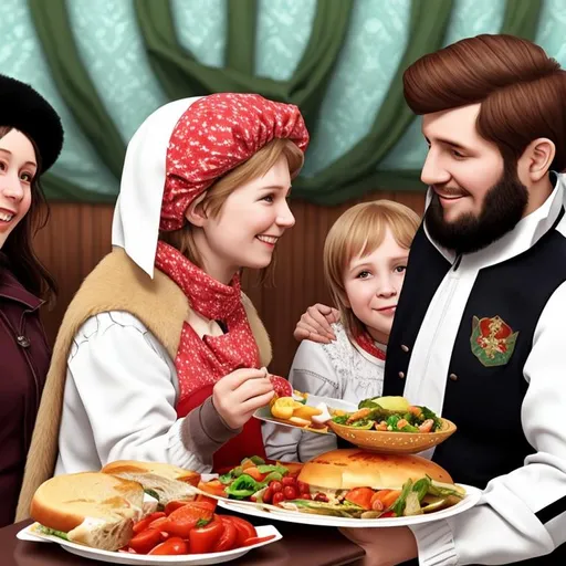 Prompt: A Russian  happy family realistic lunch

