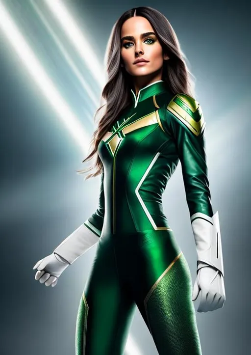 Prompt: High-resolution hyperrealistic photo of x-man rogue merged with polaris lorna dane, white streak in hair, green and gold and white costume, uhd, hdr, 64k