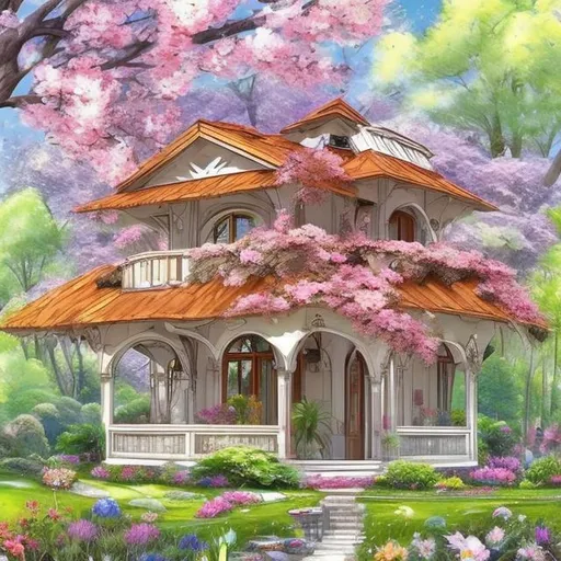 Prompt: Picture a home that looks beautiful inside and out.  In which a nice spring is flowing from the window inside the bedroom, beautiful trees and flowers add to the beauty of the spring and birds are sitting on the tree branches enjoying the view.  And more you add your way.  Make this picture in detail.  And keep in mind that the picture should look original.