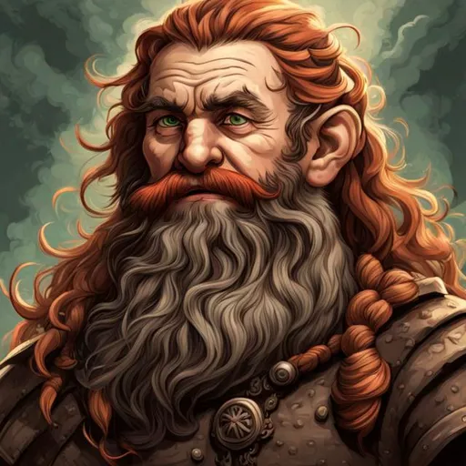 Prompt: dwarf, black and white sketch portrait of a young intelligent dwarf with a red long braided beard , broad face, red hair, green eyes, adventurer, friendly, medieval fantasy setting, 