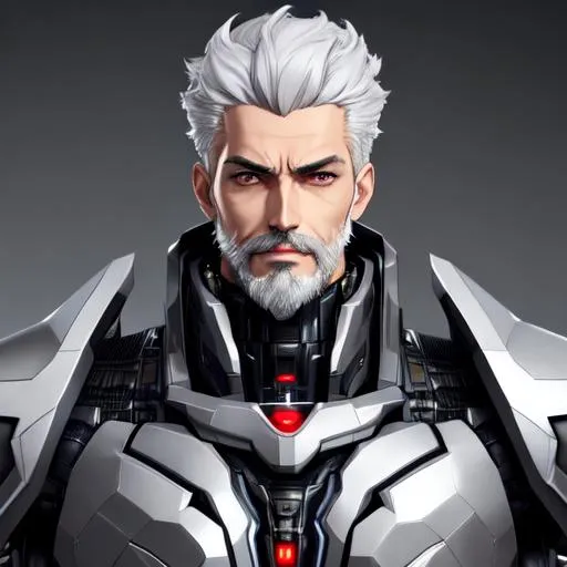 Prompt: Digital art gorgeous man, full body shot, intricate detail, perfect eyes, grey hair, facial hair, Genshin Impact vibe, mecha, HDR, UHD, 64K, ambient light, ArtStation, Pinterest