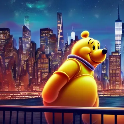 Prompt: Neon futuristic pooh in new york looking at the sky