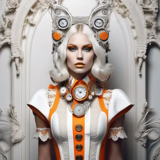 Prompt: complex bio-mechanical beautiful young alice in wonderland, white rabbit ears, steampunk Bitcoin Clockwork, full body, face frontal, dressed in orange and white, retrofuturistic depressing hopeless horrific vibe, silver hair and a super big lace collar by Alexander McQueen:: high fashion, haute couture, rococo, steampunk, silver filigree details, anatomical, facial muscles, cable wires, microchip, elegant, hyper realistic, 150 mm lens, soft rim light, octane render, unreal engine, volumetric lighting, 8k,