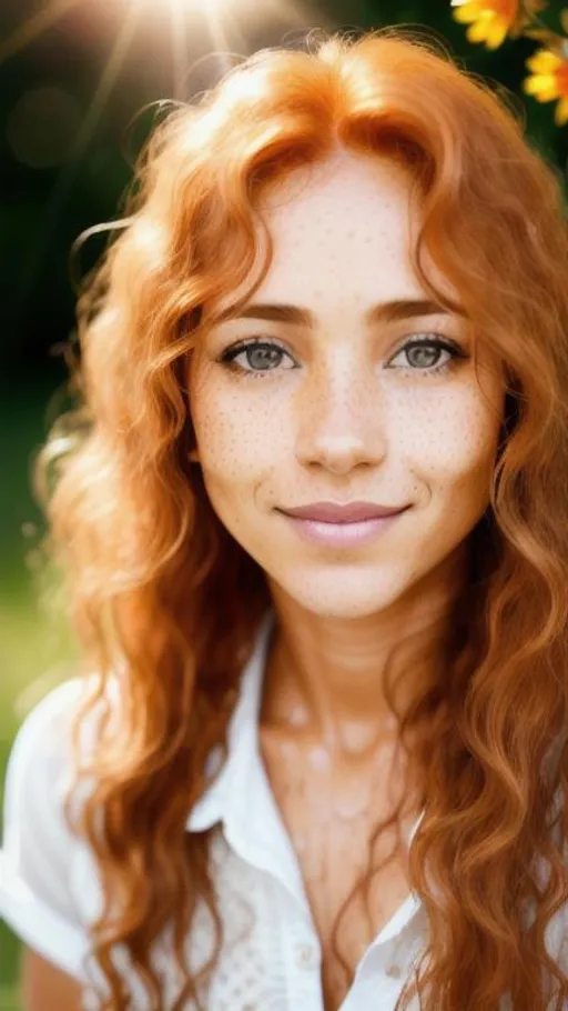 Prompt: Portrait of Ginger light brown-skinned frecked woman, freckles, turned up small nose, long wavy ginger wet hair, delicate lips, cute face, pure, sweet smile ((white open shirt)), ((shy)), sun from behind, sun on hair, 40 years old, thin, mature beauty

Ultra high definition, stylized picture, highly detailed, intricated, 8K, filigree 